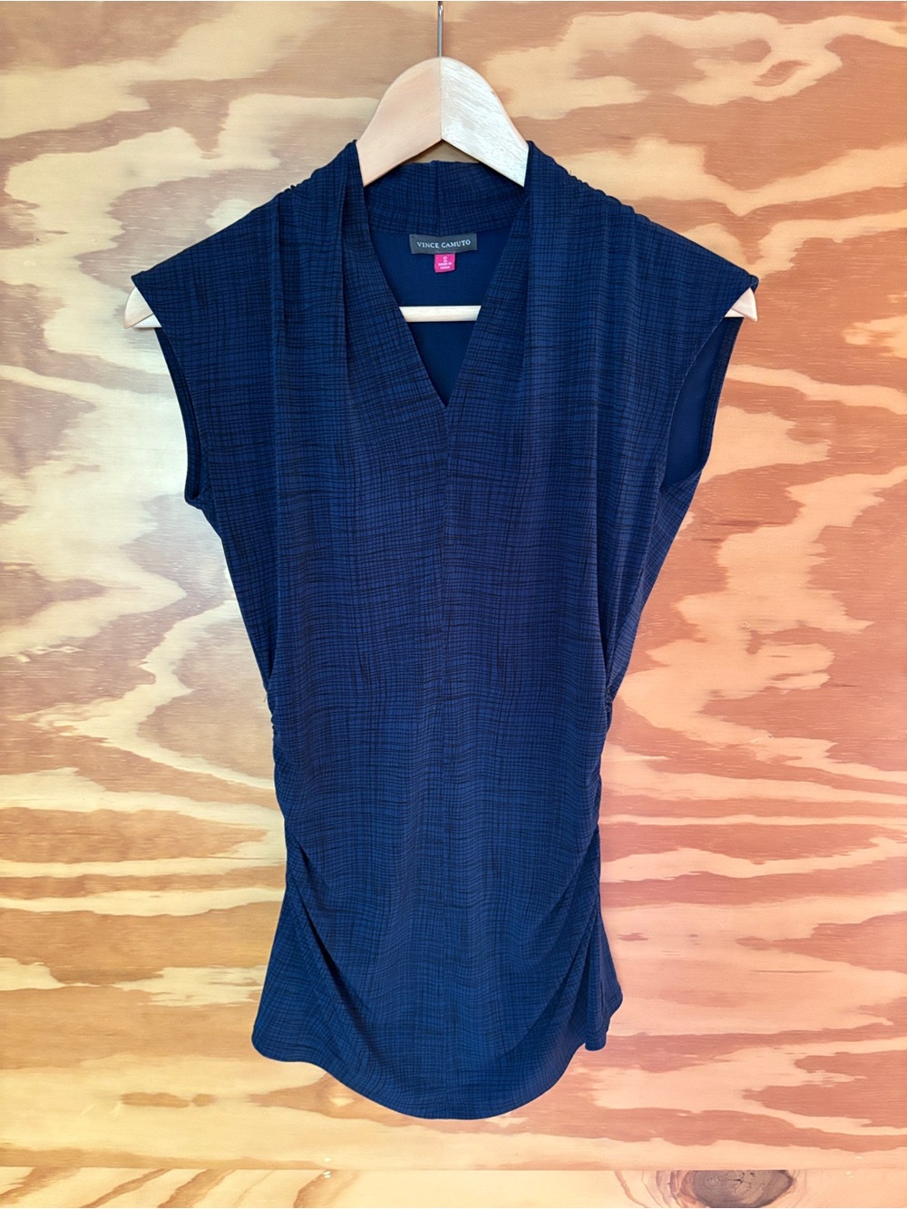 Vince Camuto Ruched Blue & Black Sleeveless Business Casual Office Top Small S